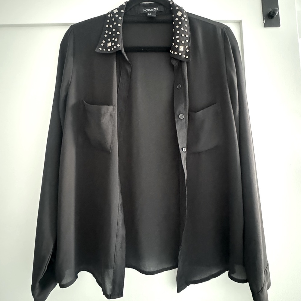 Black Button Down with Bedazzled Collar